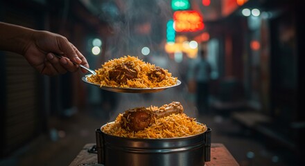 Delicious aromatic chicken biryani served hot steaming food indian cuisine restaurant meal eat yum