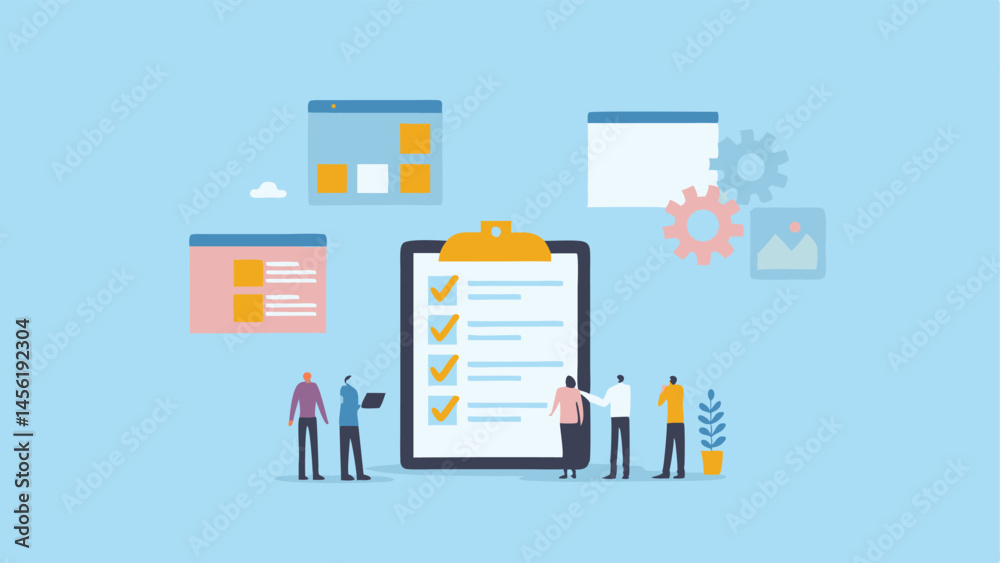 Wall mural team reviewing project checklist web design progress successful collaboration flat design style