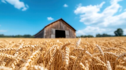A classic barn emerges from a golden sea of wheat under a bright blue sky, showcasing the beauty and simplicity of agricultural life while invoking warm, nostalgic feelings.