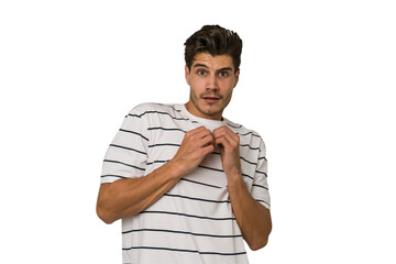 Young handsome caucasian man isolated on white background scared and afraid.