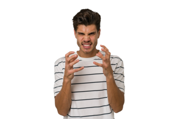 Young handsome caucasian man isolated on white background upset screaming with tense hands.