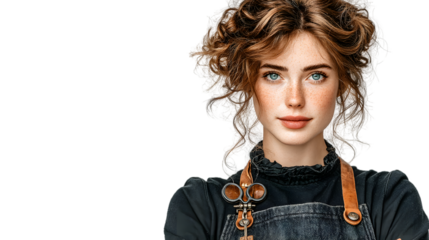 Portrait of a young woman with curly hair wearing a denim apron and scissors against a black