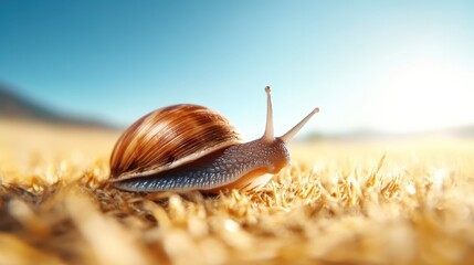 This captivating image features a close-up view of a snail resting on golden grass, highlighting the intricate details of its shell and the serene natural setting surrounding it.