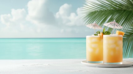 Two tropical cocktails with umbrellas and fruit sit on a white table with a stunning ocean view, evoking relaxation and summer vibes under the warm sun.