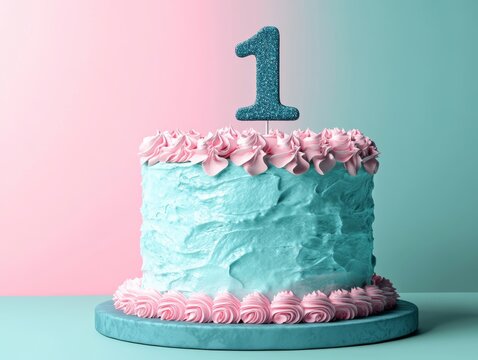 A vibrant birthday cake featuring shiny blue and pink frosting, adorned with a solitary pink number one candle, embodies a fanciful dessert idea in a soft pastel environment