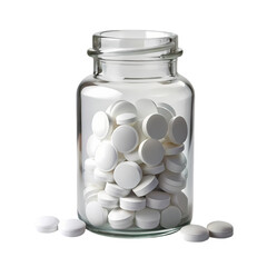 White Pills in Glass Bottle Medicine Pharmacy Healthcare Image on Transparent background