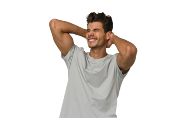 Young handsome caucasian man isolated on white background suffering neck pain due to sedentary lifestyle.