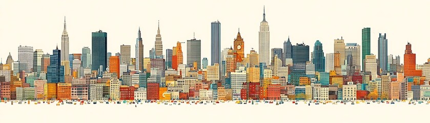 Fototapeta premium A colorful, illustrative skyline featuring a variety of buildings and towers
