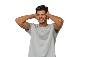 Young handsome caucasian man isolated on white background covering ears with hands.