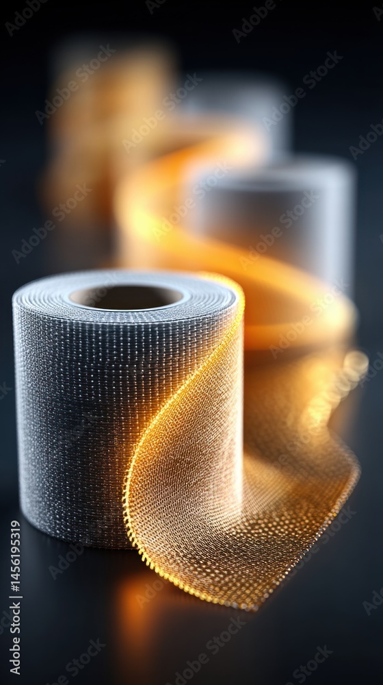Poster Rolls of reflective textured material are presented on a dark surface with an ethereal warm glow highlighting the curvature of the rolls.