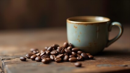 Rustic coffee cup and fresh roasted coffee beans on a wooden table for a delightful morning beverage.