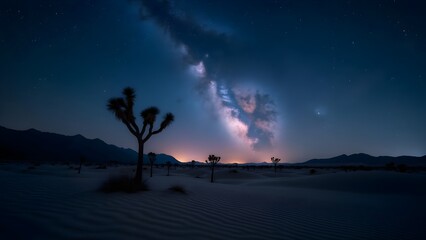 Naklejka premium Desert Nightscape: Milky Way over Yucca Trees, Stars Illuminate Sand Dunes and Mountain Silhouette
