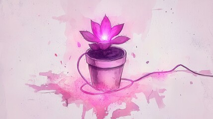 Beautiful pink lotus flower in a modern pot with glowing light, surrounded by artistic splashes and soft watercolor effect for home decor inspiration