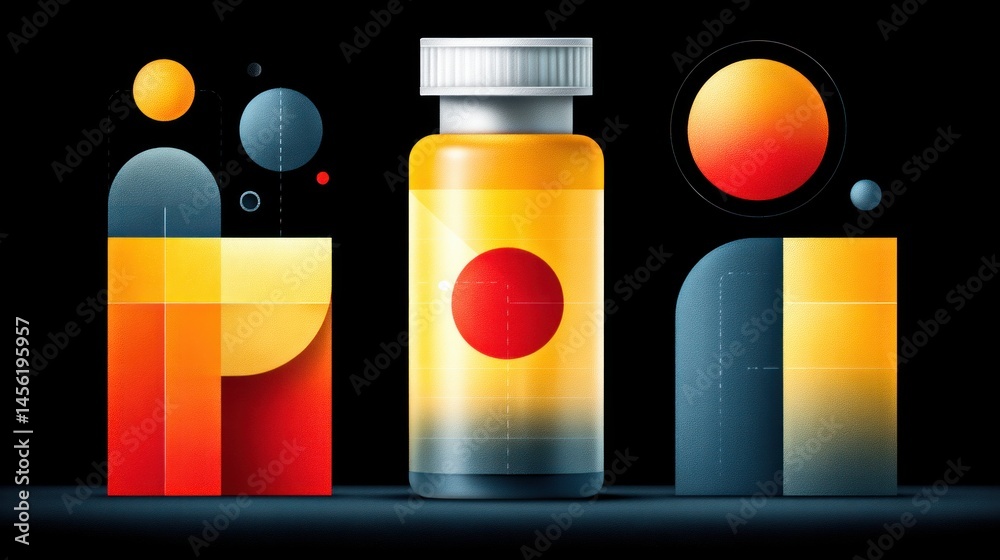Poster abstract illustration showcasing a bottle with fluid and geometric shapes in warm colors on a dark b