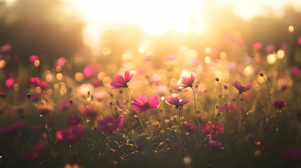 Radiant Cosmos Bloom: A Serene Field Bathed in Golden Sunlight