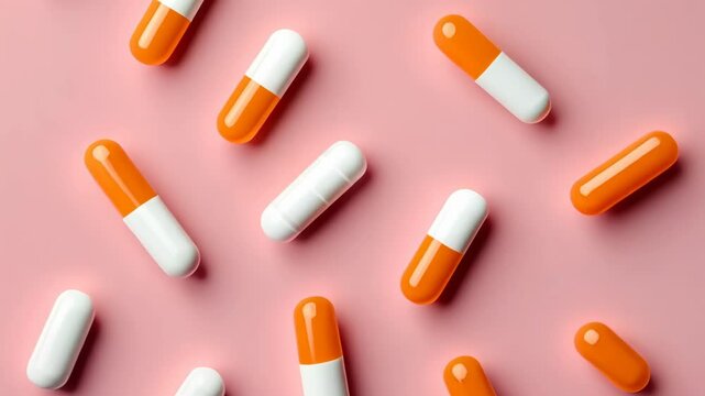 Pills on pink background. Multicolored vitamins, free space for text. Many different capsules. Pharmacy, chemistry. Abundance. Lots of antibiotics, drug. Herbal medicine, chemical industry. Top view