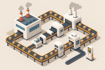 Obraz premium Isometric factory with conveyors and running machines