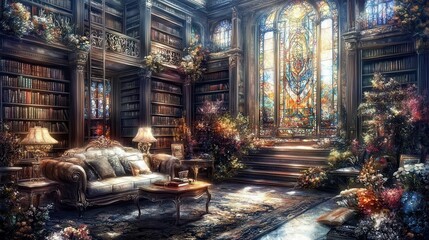 Opulent library room with stained glass windows and classic ambiance showcasing literary elegance and cozy interior aesthetic design