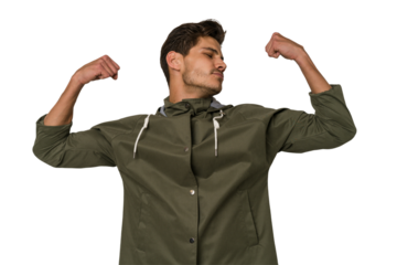 Young handsome caucasian man isolated on white background showing strength gesture with arms, symbol of feminine power