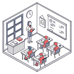 Classroom Interior with Desks Board and Teacher Clean Vector