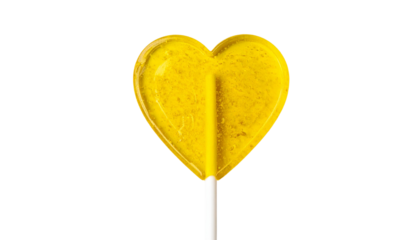 yellow heart shaped lollipop isolated on solid white background 