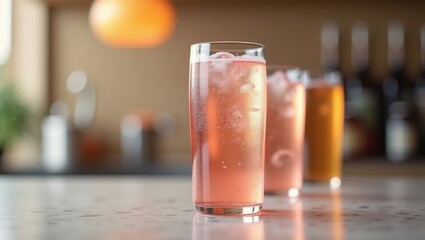 Thc Seltzer. Pink cocktail glass with ice on bar counter, party, celeb