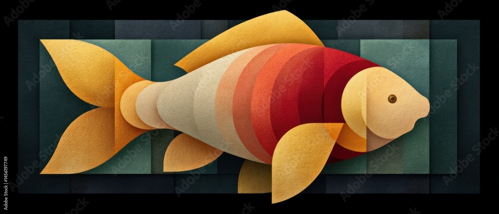 Poster an abstract illustration of a stylized fish with textured geometric shapes against a dark teal tile 
