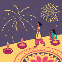 Diwali Celebration Vector with Fireworks Diyas and Rangoli