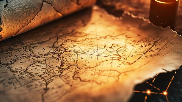 Exploring ancient parchment maps revealing historical borders and trade routes in a warm candlelit atmosphere