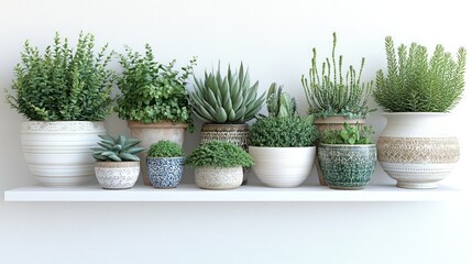 Obraz premium Various potted plants on a white shelf