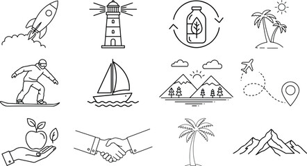 Collection of outline icons depicting travel, nature, and collaboration concepts in line art style