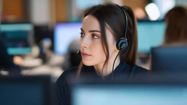 Young caucasian woman with straight dark hair wearing black headset, concentrating on screen in brightly lit workspace with blurred colleagues. Concept of customer service and technical support 