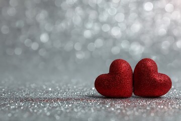 Fototapeta premium Two Red Glitter Hearts on Silver Sparkling Background Romantic Valentines Day
