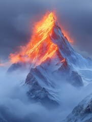 Snow-covered mountain peak glowing with bright lava-like light at sunset.