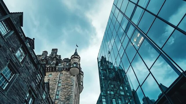 Panoramic view showcasing a stunning stone castle next to a modern glass structure in an urban setting