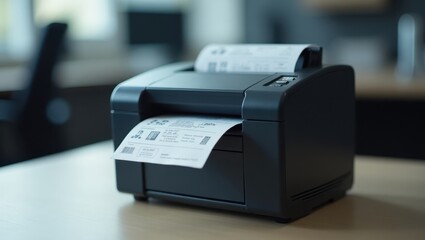 Fototapeta na wymiar Thermal Printer. Printing receipt remains.. Trend product close-up. Thermal printer sits on table with partially printed receipt, revealing its printing capabilities.