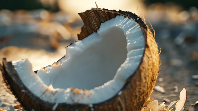 Cracked coconut reveals fresh white flesh and textured shell in bright natural lighting during a sunny afternoon