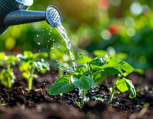 Close-up of watering can pouring water over garden plants