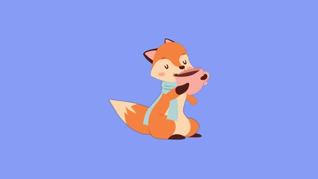 Cartoon Animation of a fox drinking a cup of coffee