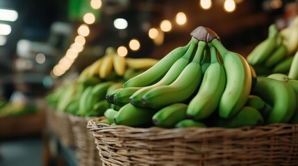 Vibrant green bananas sit prominently in a chic modern marketplace, capturing the essence of fresh produce and artistic display in an inviting shopping environment.