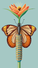 A caterpillar is crawling on a flower. The caterpillar is orange and green. The flower is blue