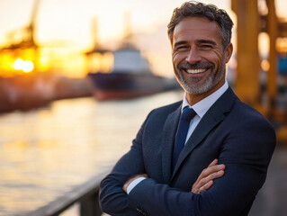 Fototapeta premium Business professional smiles at sunset by a bustling port