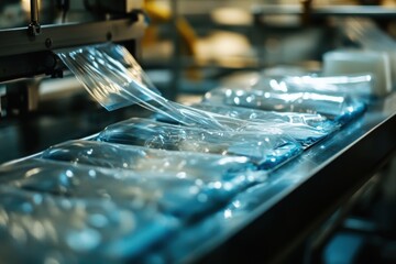 Plastic packaging film moving through an industrial production machine.