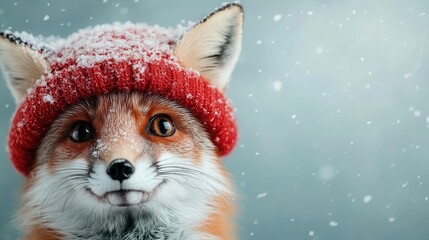 A charming fox dons a bright red hat, smiling amidst softly falling snowflakes, capturing the playful spirit of winter in a heartwarming and whimsical scene.