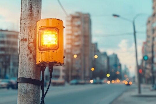 Urban street featuring a yellow traffic light signaling caution in a bustling city during late afternoon