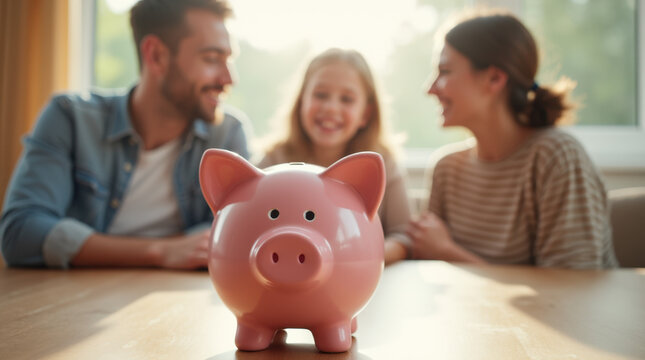 Glossy pink piggy bank on wooden table in foreground with smiling family discussing finances in background - Powered by Adobe