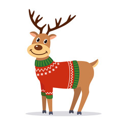 Christmas deer in ugly sweater, vector illustration of reindeer on white background, cute simple flat design, graphic print for children's book