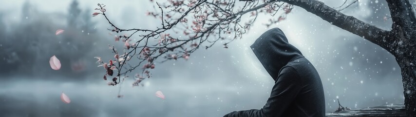 Obraz premium Contemplative figure by the river misty morning digital art serene environment side view reflective mood