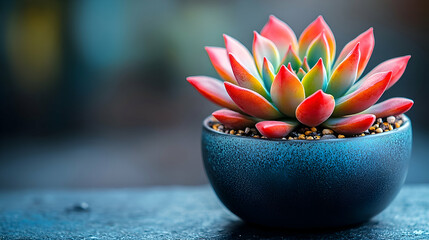 Red And Green Succulent In Teal Pot On Dark Background