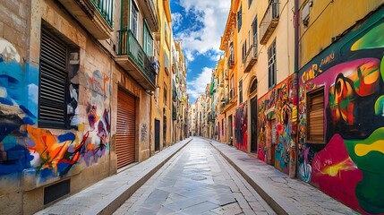 Fototapeta premium A vibrant display of street art in Palma, with murals and graffiti brightening the historic buildings in the Old Town